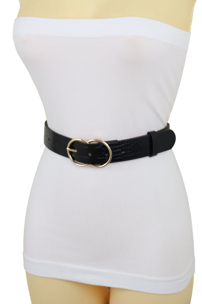 Brand New Women Belt Black Faux Leather Crocodile Stamp Gold Metal Circle Buckle Size M L