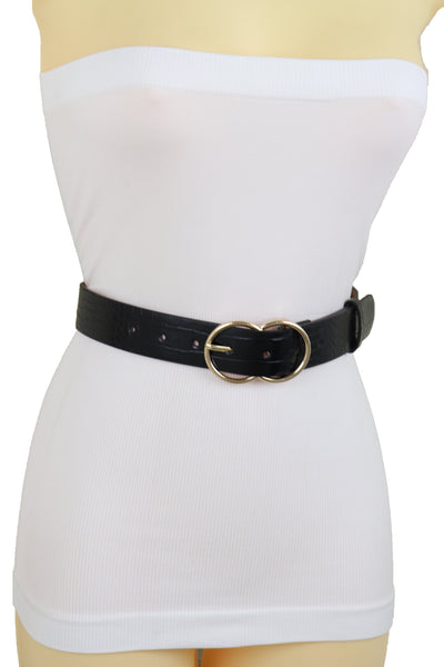 Brand New Women Belt Black Faux Leather Crocodile Stamp Gold Metal Circle Buckle Size M L