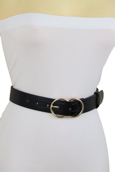 Brand New Women Belt Black Faux Leather Crocodile Stamp Gold Metal Circle Buckle Size M L