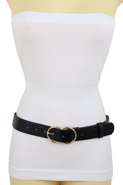 Brand New Women Belt Black Faux Leather Crocodile Stamp Gold Metal Circle Buckle Size M L