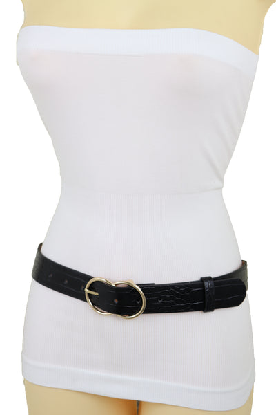 Brand New Women Belt Black Faux Leather Crocodile Stamp Gold Metal Circle Buckle Size M L