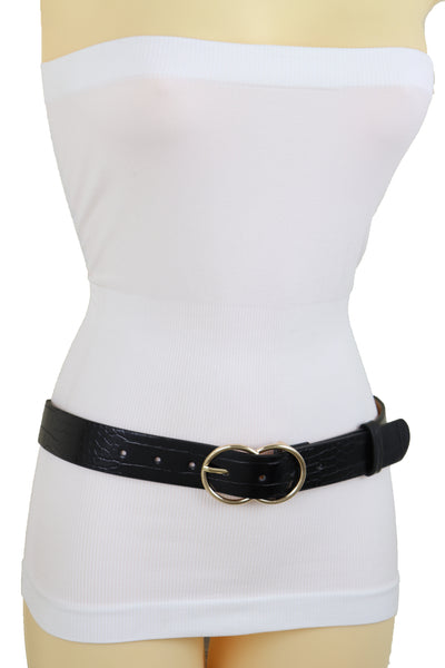Brand New Women Belt Black Faux Leather Crocodile Stamp Gold Metal Circle Buckle Size M L
