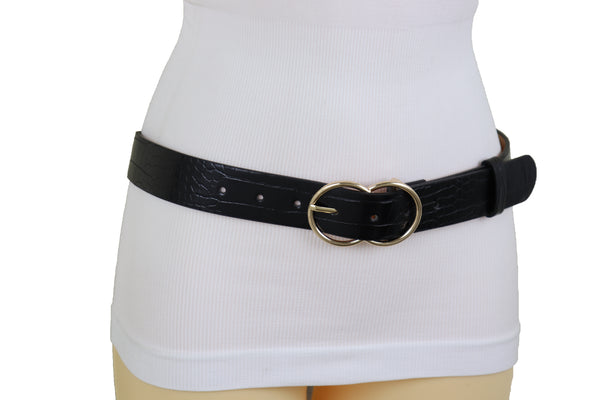 Brand New Women Belt Black Faux Leather Crocodile Stamp Gold Metal Circle Buckle Size M L