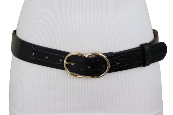 Brand New Women Belt Black Faux Leather Crocodile Stamp Gold Metal Circle Buckle Size M L