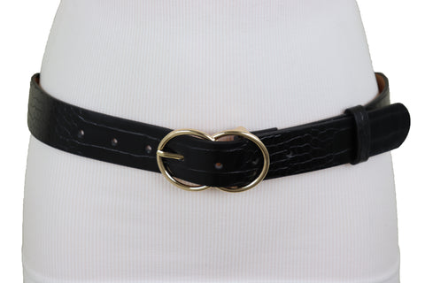 Brand New Women Belt Black Faux Leather Crocodile Stamp Gold Metal Circle Buckle Size M L