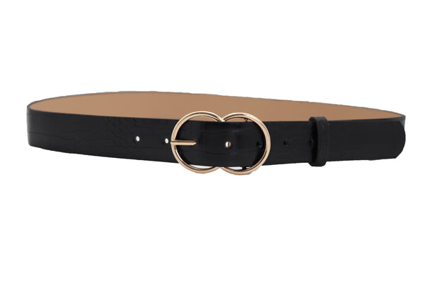 Brand New Women Belt Black Faux Leather Crocodile Stamp Gold Metal Circle Buckle Size M L