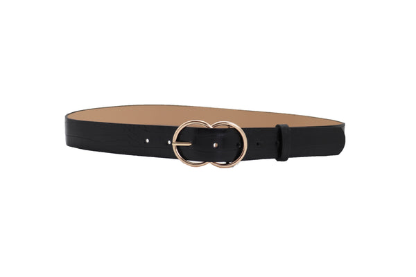 Brand New Women Belt Black Faux Leather Crocodile Stamp Gold Metal Circle Buckle Size M L