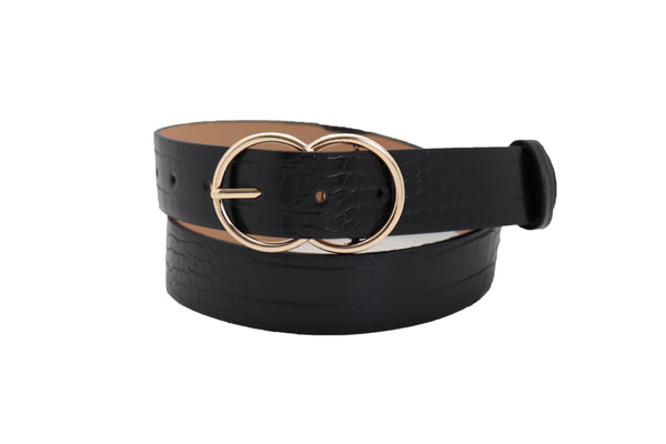 Brand New Women Belt Black Faux Leather Crocodile Stamp Gold Metal Circle Buckle Size M L