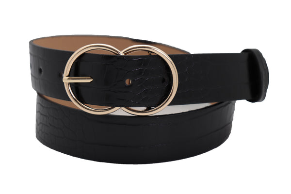 Brand New Women Belt Black Faux Leather Crocodile Stamp Gold Metal Circle Buckle Size M L