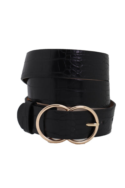 Brand New Women Belt Black Faux Leather Crocodile Stamp Gold Metal Circle Buckle Size M L