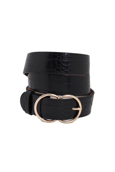 Brand New Women Belt Black Faux Leather Crocodile Stamp Gold Metal Circle Buckle Size M L