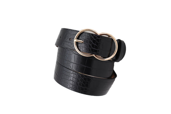 Brand New Women Belt Black Faux Leather Crocodile Stamp Gold Metal Circle Buckle Size M L