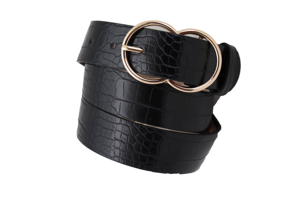Brand New Women Belt Black Faux Leather Crocodile Stamp Gold Metal Circle Buckle Size M L