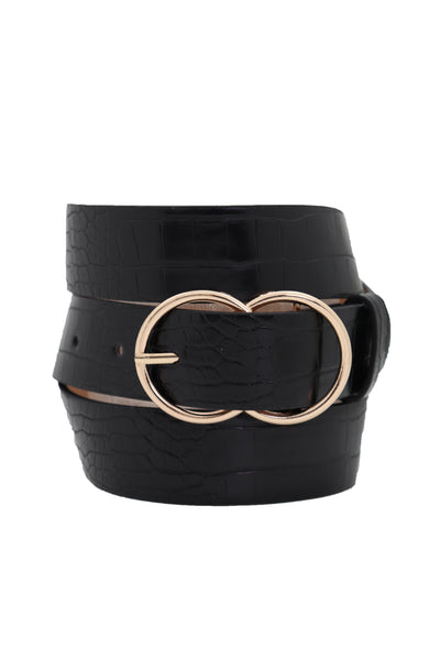 Brand New Women Belt Black Faux Leather Crocodile Stamp Gold Metal Circle Buckle Size M L
