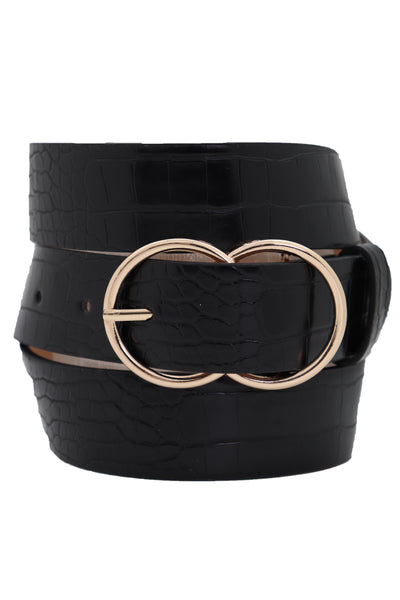 Brand New Women Belt Black Faux Leather Crocodile Stamp Gold Metal Circle Buckle Size M L