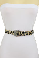 Western Filigree Buckle Faux Fur Leopard Print Skinny Classic Belt