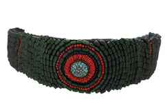 High Waist Hip Bohemian Fashion Wide Tie Fabric Green Beads Belt Adjustable Size M L