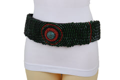 High Waist Hip Bohemian Fashion Wide Tie Fabric Green Beads Belt Adjustable Size M L