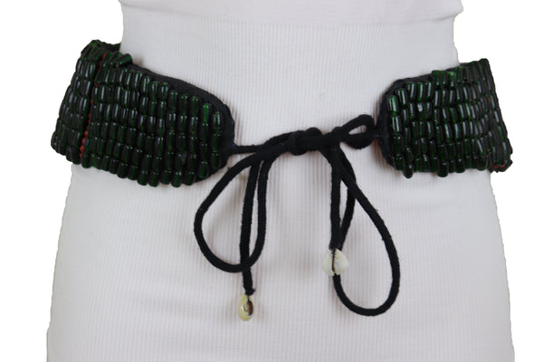 Brand New Women High Waist Hip Bohemian Fashion Wide Tie Fabric Green Beads Belt Adjustable Size M L