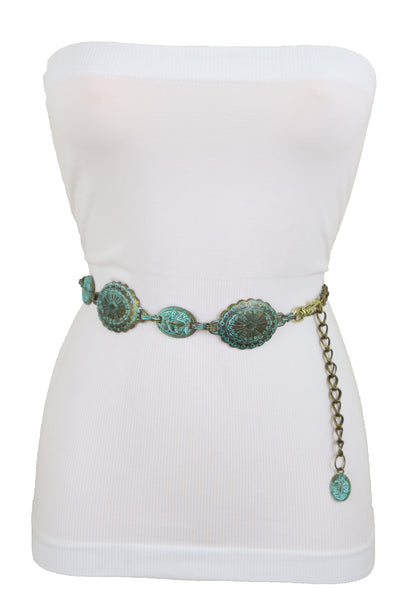 Women Antique Vintage Gold Metal Chain Ethnic Charms Bohemian Fashion Belt Turquoise Blue Color S M
