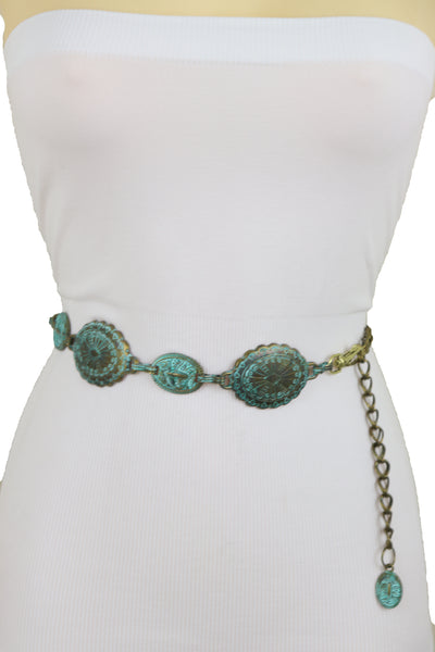 Women Antique Vintage Gold Metal Chain Ethnic Charms Bohemian Fashion Belt Turquoise Blue Color S M