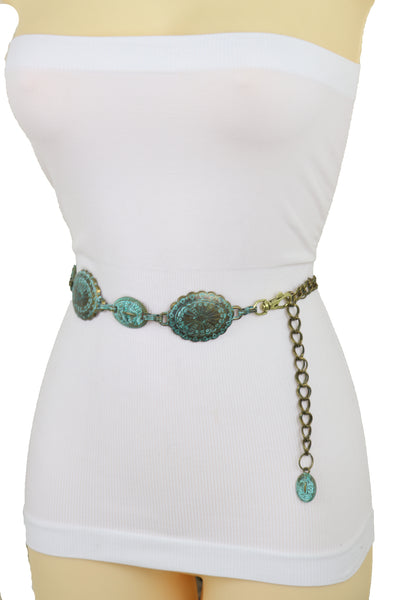 Women Antique Vintage Gold Metal Chain Ethnic Charms Bohemian Fashion Belt Turquoise Blue Color S M