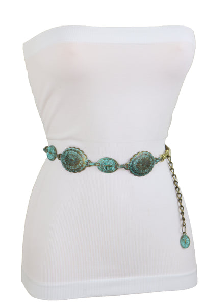 Women Antique Vintage Gold Metal Chain Ethnic Charms Bohemian Fashion Belt Turquoise Blue Color S M