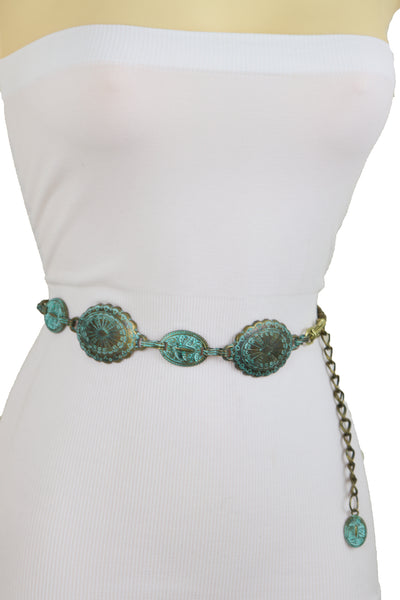 Women Antique Vintage Gold Metal Chain Ethnic Charms Bohemian Fashion Belt Turquoise Blue Color S M