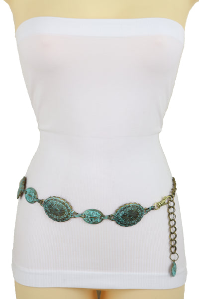 Women Antique Vintage Gold Metal Chain Ethnic Charms Bohemian Fashion Belt Turquoise Blue Color S M
