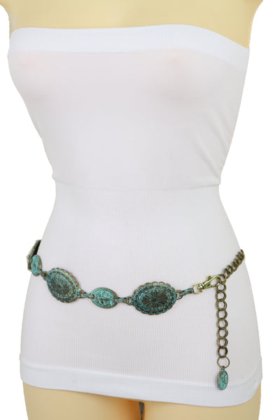 Women Antique Vintage Gold Metal Chain Ethnic Charms Bohemian Fashion Belt Turquoise Blue Color S M