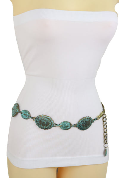 Women Antique Vintage Gold Metal Chain Ethnic Charms Bohemian Fashion Belt Turquoise Blue Color S M
