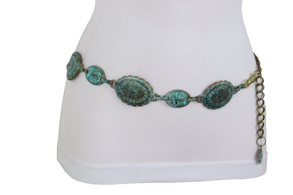 Women Antique Vintage Gold Metal Chain Ethnic Charms Bohemian Fashion Belt Turquoise Blue Color S M