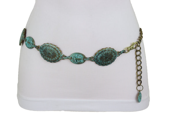 Women Antique Vintage Gold Metal Chain Ethnic Charms Bohemian Fashion Belt Turquoise Blue Color S M