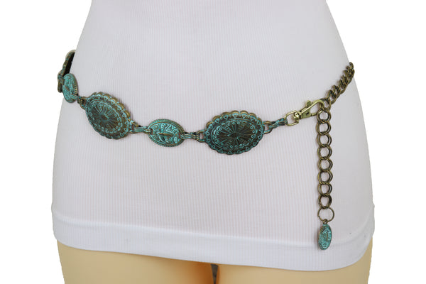 Women Antique Vintage Gold Metal Chain Ethnic Charms Bohemian Fashion Belt Turquoise Blue Color S M
