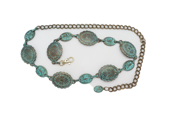 Women Antique Vintage Gold Metal Chain Ethnic Charms Bohemian Fashion Belt Turquoise Blue Color S M