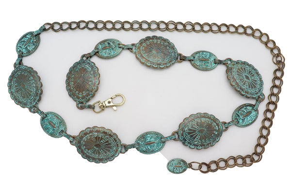 Women Antique Vintage Gold Metal Chain Ethnic Charms Bohemian Fashion Belt Turquoise Blue Color S M