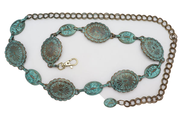 Brand New Women Antique Vintage Gold Metal Chain Ethnic Charms Fashion Belt Turquoise S M