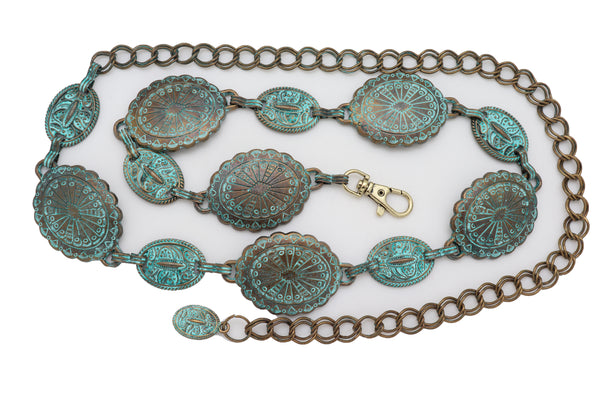 Women Antique Vintage Gold Metal Chain Ethnic Charms Bohemian Fashion Belt Turquoise Blue Color S M