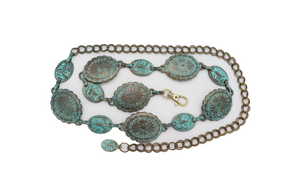 Women Antique Vintage Gold Metal Chain Ethnic Charms Bohemian Fashion Belt Turquoise Blue Color S M