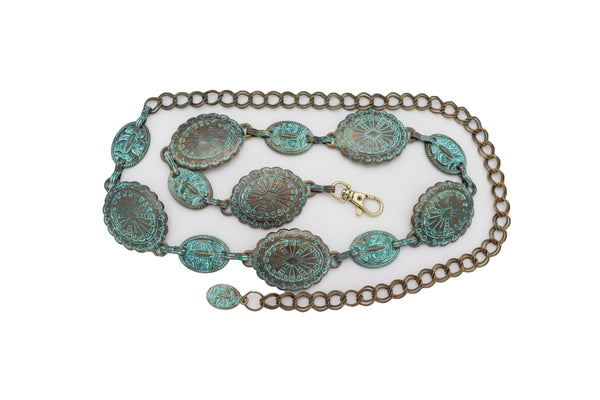 Women Antique Vintage Gold Metal Chain Ethnic Charms Fashion Belt Turquoise Fit Sizes S M