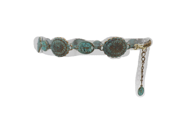 Women Antique Vintage Gold Metal Chain Ethnic Charms Bohemian Fashion Belt Turquoise Blue Color S M
