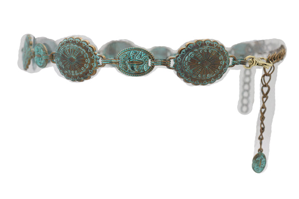 Women Antique Vintage Gold Metal Chain Ethnic Charms Bohemian Fashion Belt Turquoise Blue Color S M