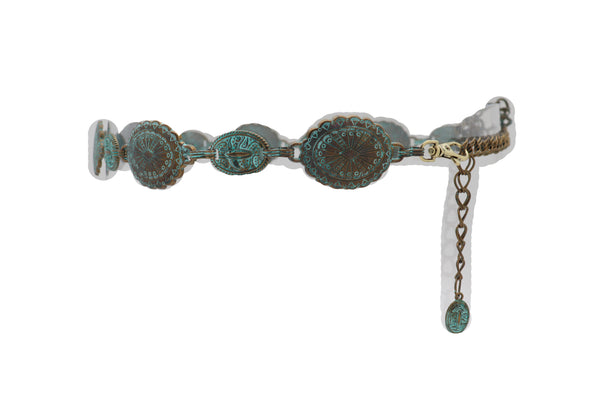 Women Antique Vintage Gold Metal Chain Ethnic Charms Bohemian Fashion Belt Turquoise Blue Color S M