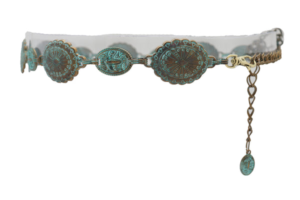 Women Antique Vintage Gold Metal Chain Ethnic Charms Bohemian Fashion Belt Turquoise Blue Color S M