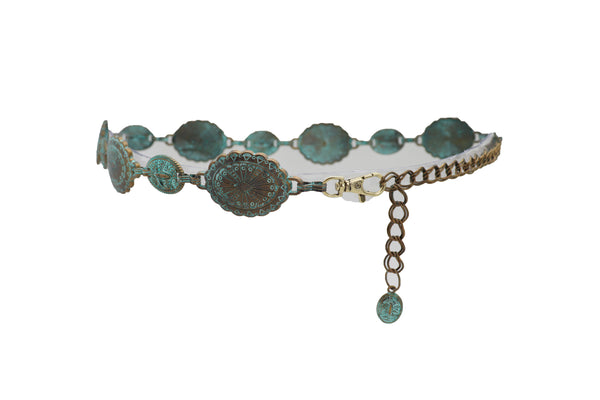 Women Antique Vintage Gold Metal Chain Ethnic Charms Bohemian Fashion Belt Turquoise Blue Color S M