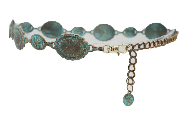 Women Antique Vintage Gold Metal Chain Ethnic Charms Bohemian Fashion Belt Turquoise Blue Color S M