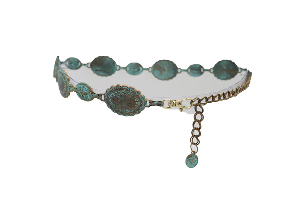 Women Antique Vintage Gold Metal Chain Ethnic Charms Bohemian Fashion Belt Turquoise Blue Color S M