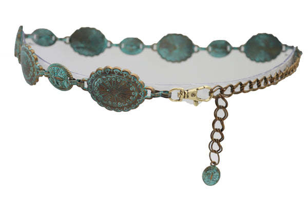 Women Antique Vintage Gold Metal Chain Ethnic Charms Bohemian Fashion Belt Turquoise Blue Color S M
