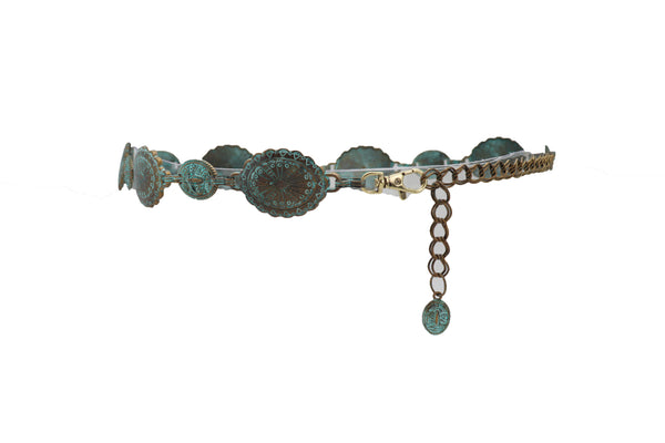 Women Antique Vintage Gold Metal Chain Ethnic Charms Bohemian Fashion Belt Turquoise Blue Color S M