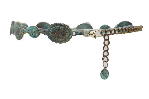 Women Antique Vintage Gold Metal Chain Ethnic Charms Fashion Belt Turquoise Fit Sizes S M